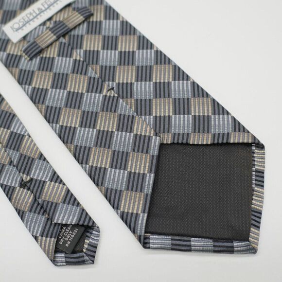 Joseph & Feiss International Gray Tan Plaid Wide Woven Silk Tie - Picture 5 of 6